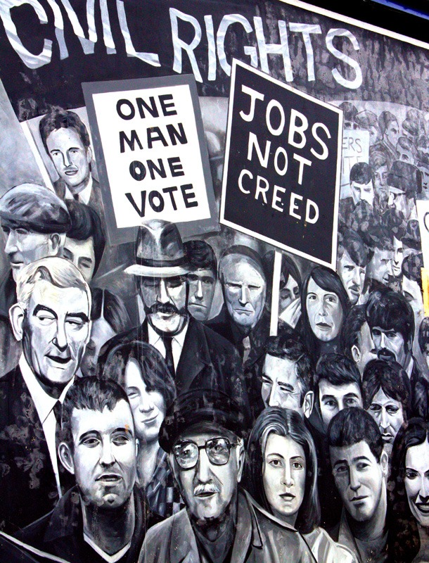 A mural dedicated to the violent 1968 March of the Civil Rights, that campained against discrimination in housing and the shortage of social housing in Derry, and later erupted into the infamous Battle of the Bogside - a three day riot between residents and police.